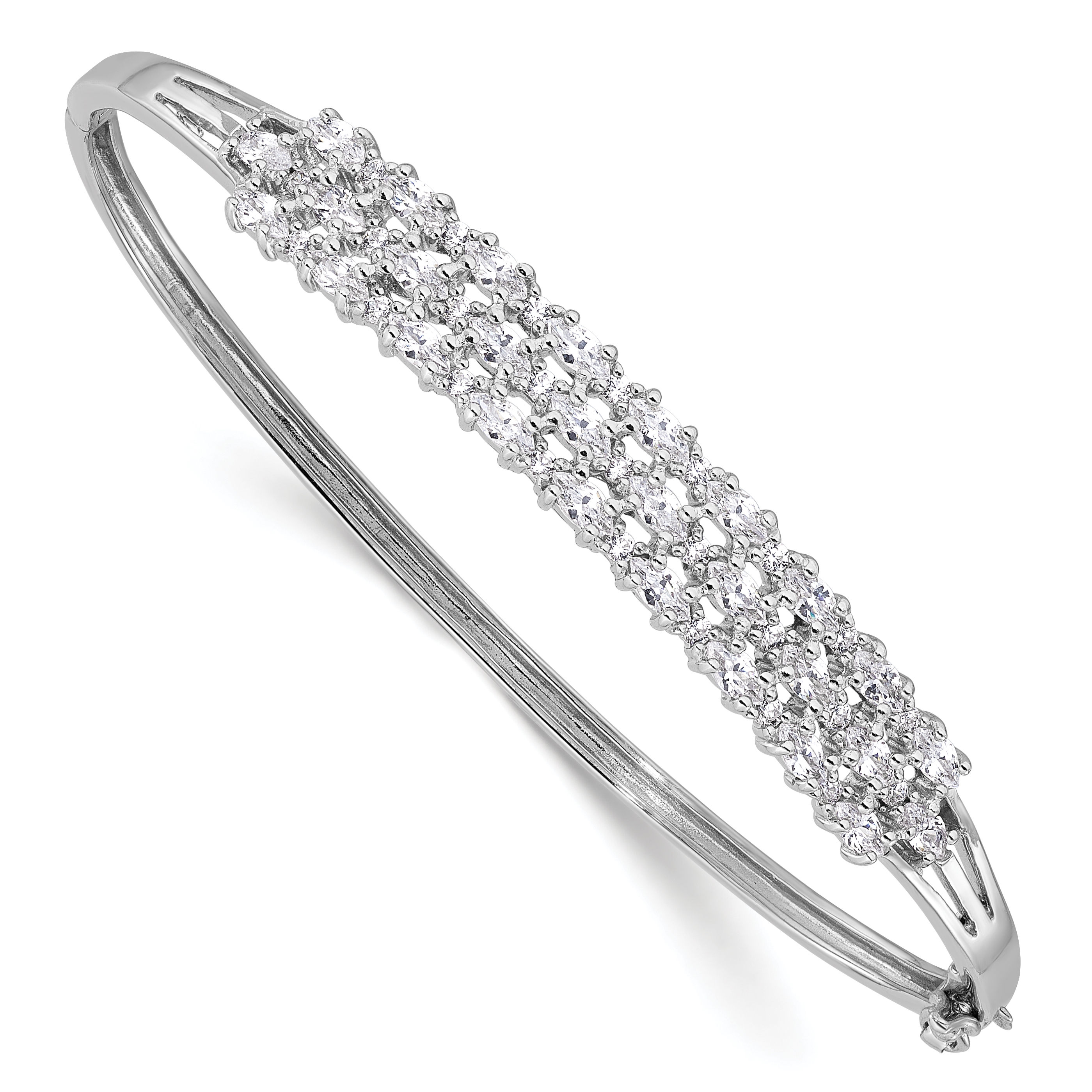 Sterling Silver Rhodium-plated Polished Graduated CZ 3 Row Hinged Bracelet (QB1545)