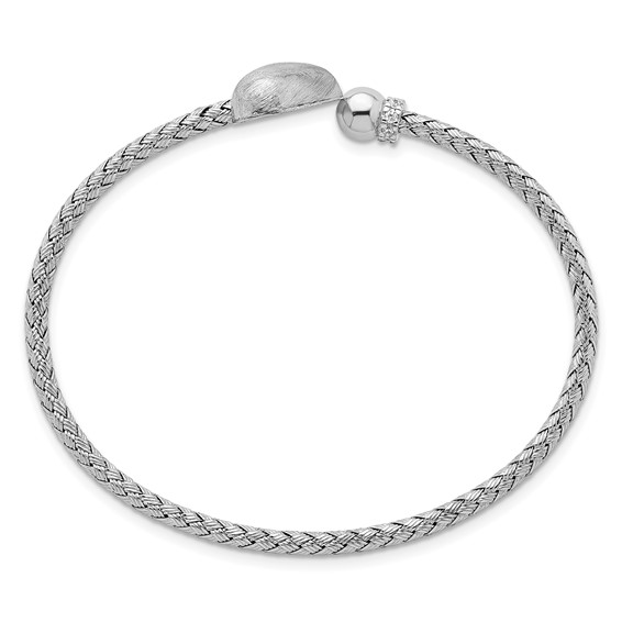 Sterling Silver Rhodium-plated Brushed Heart and CZ Flexible Cuff Bangle