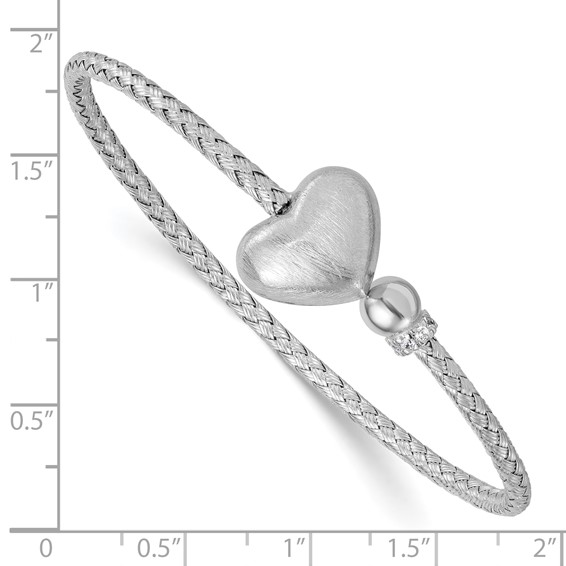 Sterling Silver Rhodium-plated Brushed Heart and CZ Flexible Cuff Bangle