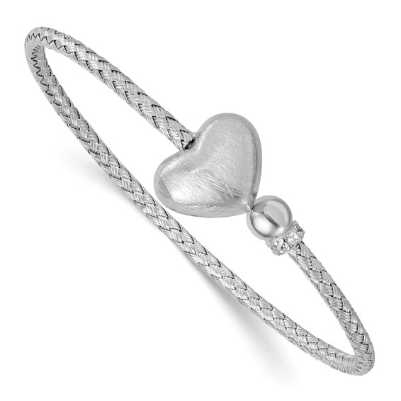 Sterling Silver Rhodium-plated Brushed Heart and CZ Flexible Cuff Bangle
