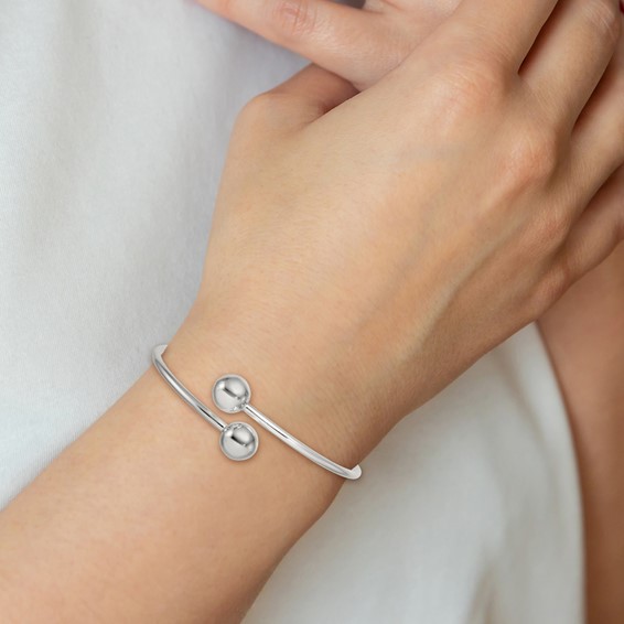 Sterling Silver Polished Ball Ends Flexible Cuff Bangle