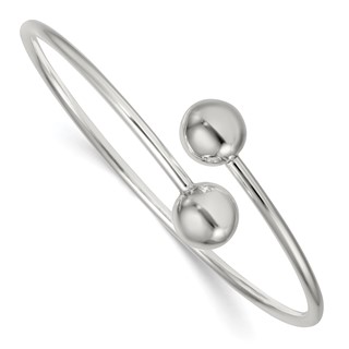 Sterling Silver Polished Ball Ends Flexible Cuff Bangle