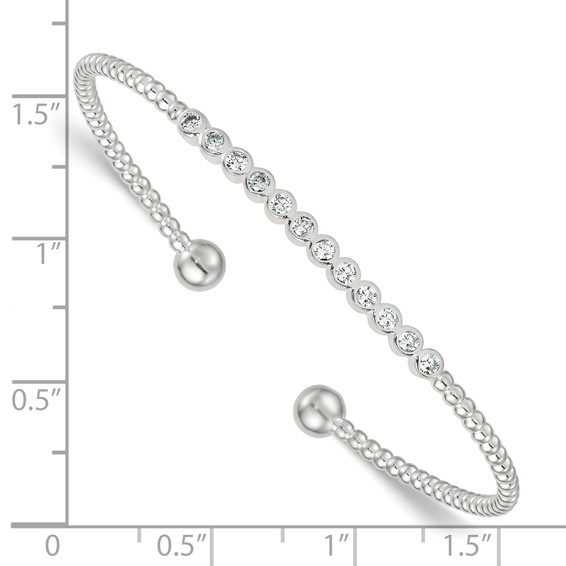 Sterling Silver Polished and Beaded Bezel Set CZ Bar Cuff Bangle