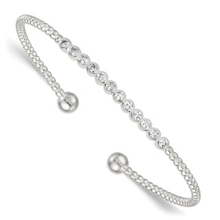 Sterling Silver Polished and Beaded Bezel Set CZ Bar Cuff Bangle