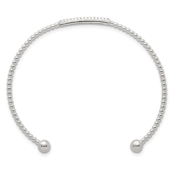 Sterling Silver Polished and Beaded CZ Bar Cuff Bangle