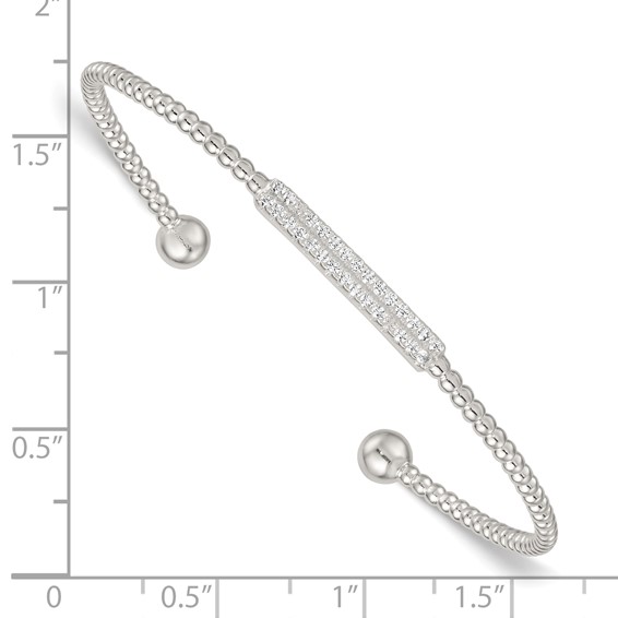Sterling Silver Polished and Beaded CZ Bar Cuff Bangle
