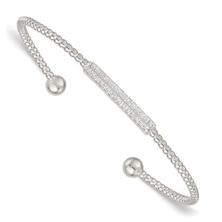 Sterling Silver Polished and Beaded CZ Bar Cuff Bangle