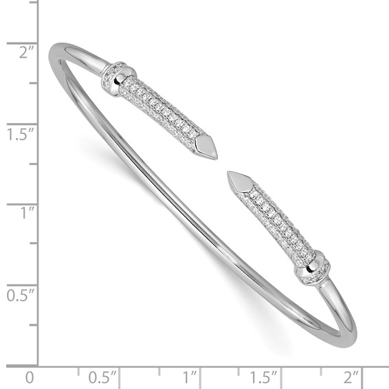 Sterling Silver Rhodium-plated Polished CZ Pointed Ends Flexible Cuff Bangle