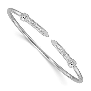 Sterling Silver Rhodium-plated Polished CZ Pointed Ends Flexible Cuff Bangle