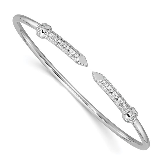 Sterling Silver Rhodium-plated Polished CZ Pointed Ends Flexible Cuff Bangle