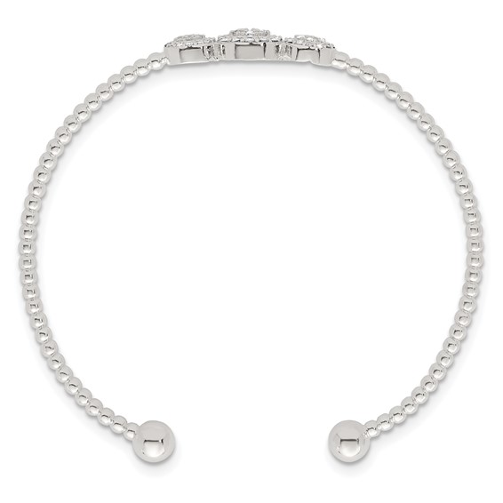 Sterling Silver Polished and Beaded Pave CZ Triple Circle Cuff Bangle