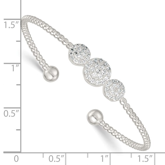 Sterling Silver Polished and Beaded Pave CZ Triple Circle Cuff Bangle