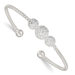 Sterling Silver Polished and Beaded Pave CZ Triple Circle Cuff Bangle
