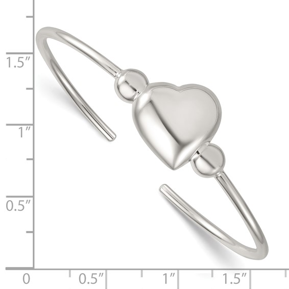 Sterling Silver Polished and Beaded Domed Heart Cuff Bangle