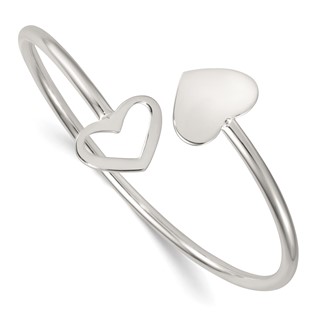 Sterling Silver Polished Double Heart Flexible Cuff Bangle