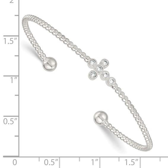 Sterling Silver Polished and Beaded CZ Cross Cuff Bangle