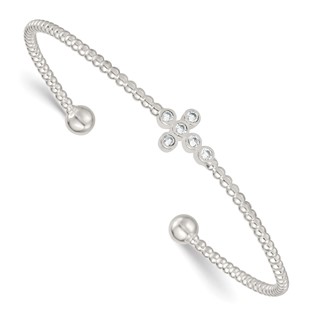 Sterling Silver Polished and Beaded CZ Cross Cuff Bangle
