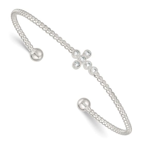 Sterling Silver Polished and Beaded CZ Cross Cuff Bangle