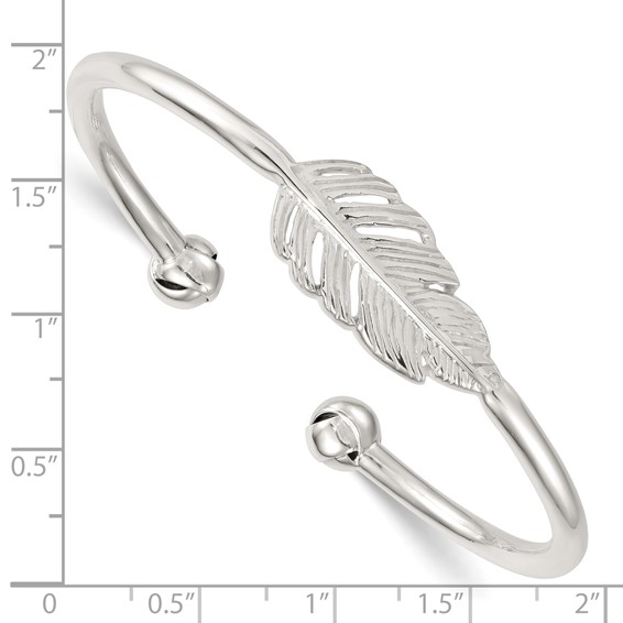 Sterling Silver Polished and Grooved Feather Cuff Bangle