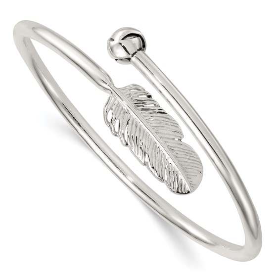 Sterling Silver Polished and Grooved Feather Bypass Cuff Bangle