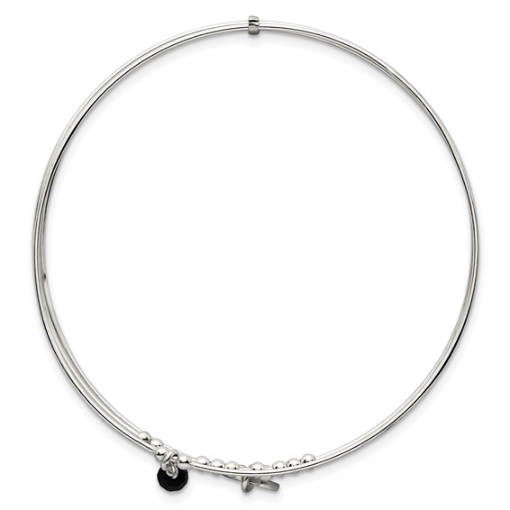 Sterling Silver Polished Beaded Miraculous Medal and Black Glass Bead Triple Band Slip-on Bangle Bracelet