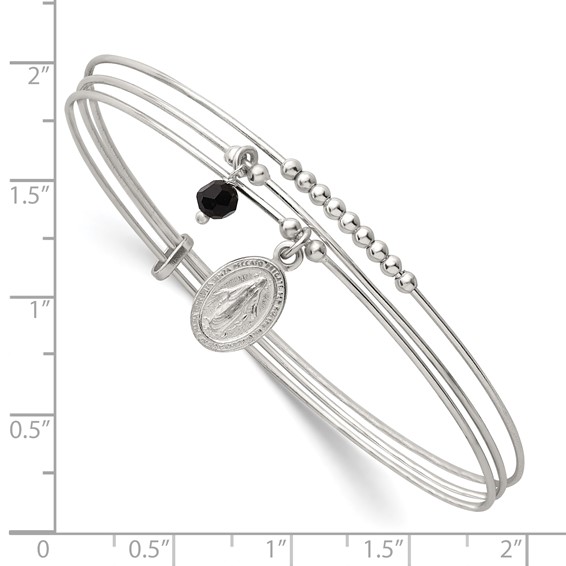 Sterling Silver Polished Beaded Miraculous Medal and Black Glass Bead Triple Band Slip-on Bangle Bracelet