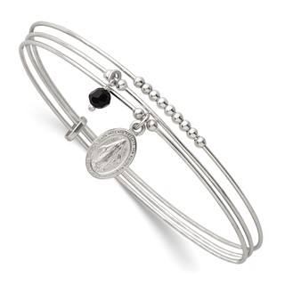 Sterling Silver Polished Beaded Miraculous Medal and Black Glass Bead Triple Band Slip-on Bangle Bracelet