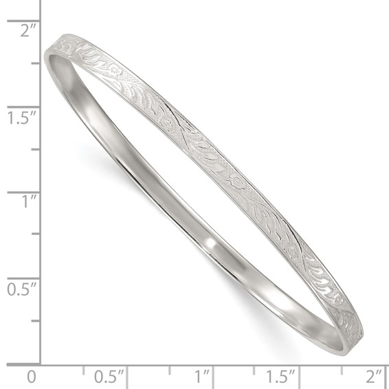 Sterling Silver Polished Textured 4.00mm Floral Pattern Slip-on Bangle Bracelet