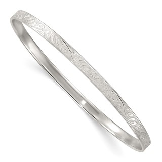 Sterling Silver Polished Textured 4.00mm Floral Pattern Slip-on Bangle Bracelet