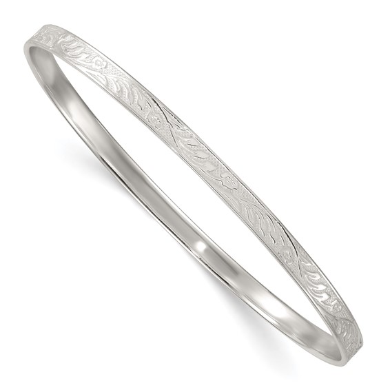 Sterling Silver Polished Textured 4.00mm Floral Pattern Slip-on Bangle Bracelet