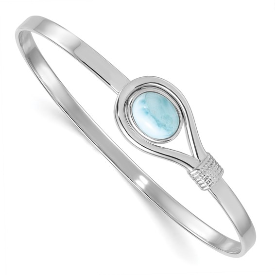 Sterling Silver Rhodium-plated Polished and Textured Larimar Cabochon Flexible Bangle