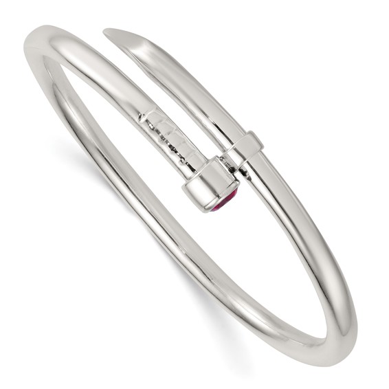 Sterling Silver Polished Red CZ Slip On Expandable Bangle