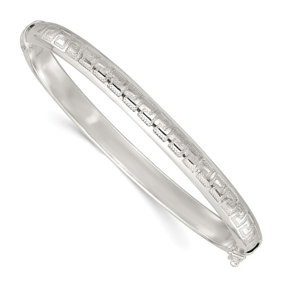 Sterling Silver Polished and Textured 6.50mm Greek Key Hinged Bangle