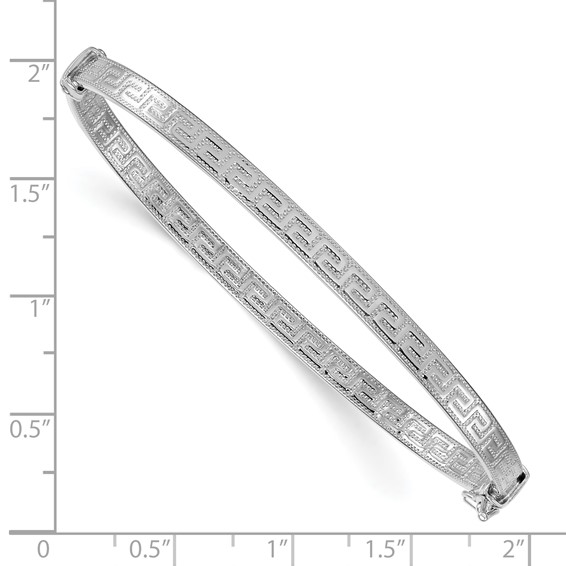Sterling Silver Rhodium-plated Polished Textured Greek Key 4.00mm Hinged Bangle