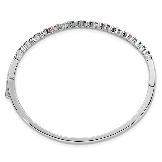 Sterling Silver Rhodium-plated Polished Multi-color Rainbow Round and Emerald-shape Nano Crystal Hinged Bangle