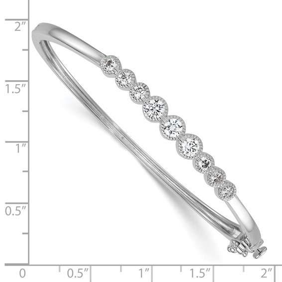 Sterling Silver Rhodium-plated Polished and Textured Bezel-set Graduated CZ Hinged Bangle