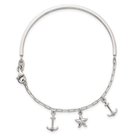 Sterling Silver Polished Anchor and Starfish Charms Half Bangle Bracelet