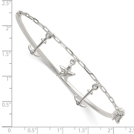 Sterling Silver Polished Anchor and Starfish Charms Half Bangle Bracelet