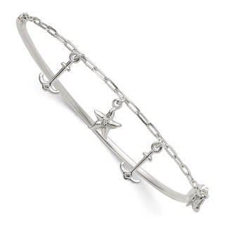 Sterling Silver Polished Anchor and Starfish Charms Half Bangle Bracelet