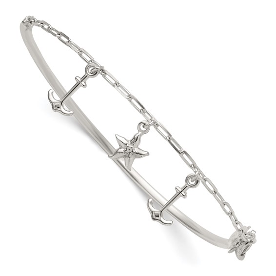 Sterling Silver Polished Anchor and Starfish Charms Half Bangle Bracelet
