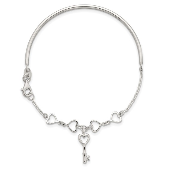 Sterling Silver Polished Open Hearts and Key Charms Half Bangle Bracelet