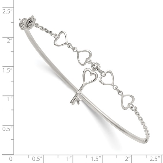 Sterling Silver Polished Open Hearts and Key Charms Half Bangle Bracelet