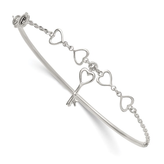 Sterling Silver Polished Open Hearts and Key Charms Half Bangle Bracelet