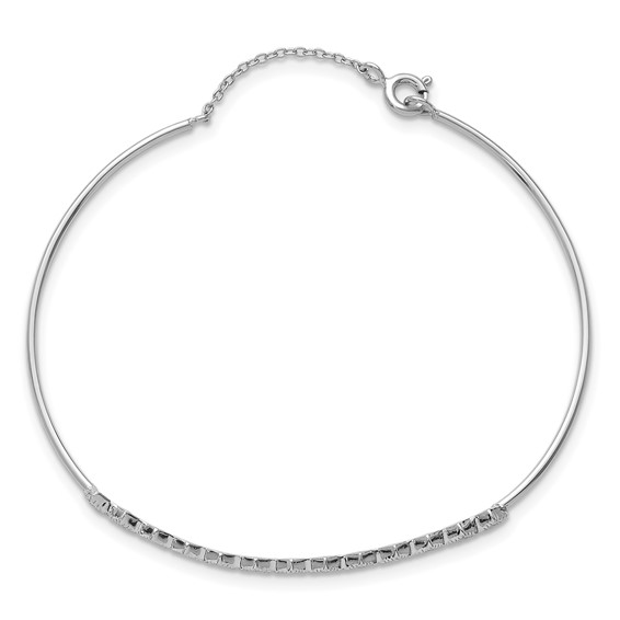 Sterling Silver Rhodium-plated Polished and Textured CZ Cuff with Safety Chain Bracelet