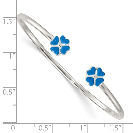 Sterling Silver Polished Blue Enamel Clover Childrens Cuff Bracelet