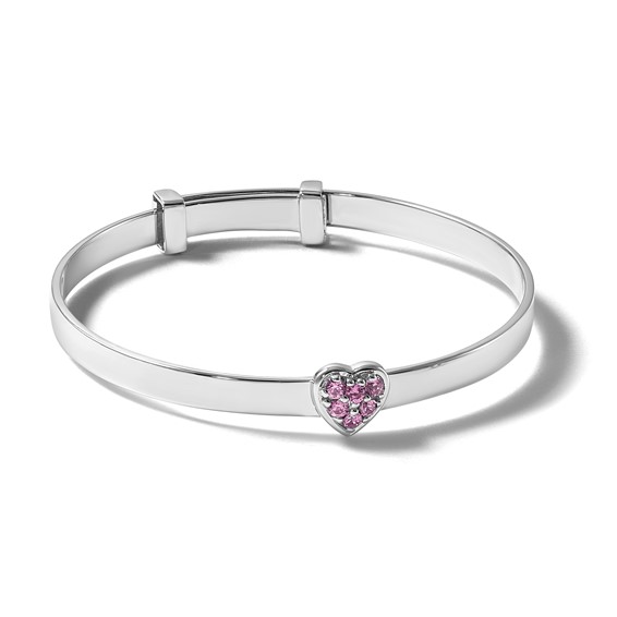 Sterling Silver Rhodium-plated Polished Pink CZ Heart Childrens Expandable Bangle