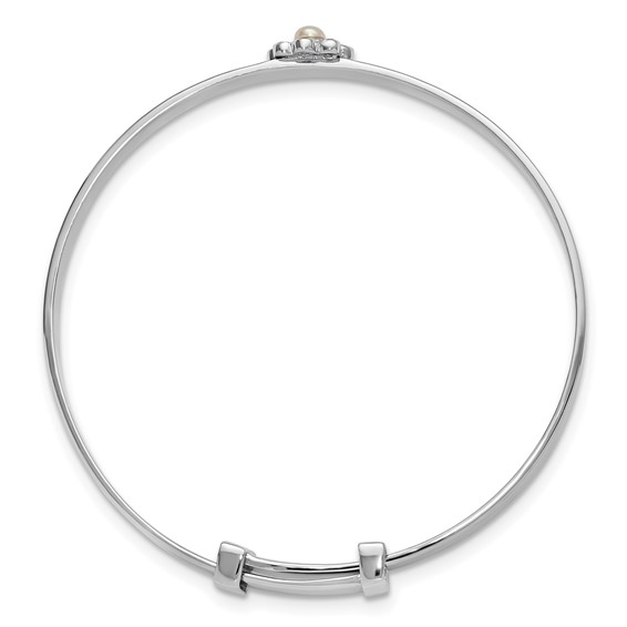 "Sterling Silver Rhodium-plated Polished Green, Pink, Blue and Purple CZ and Freshwater Cultured Pearl Flower Childrens Expandable Bangle"