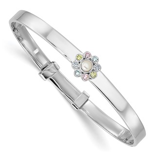 "Sterling Silver Rhodium-plated Polished Green, Pink, Blue and Purple CZ and Freshwater Cultured Pearl Flower Childrens Expandable Bangle"