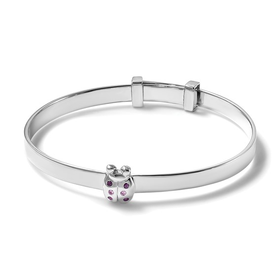 Sterling Silver Rhodium-plated Polished Pink And Red CZ Lady Bug Childrens Expandable Bangle