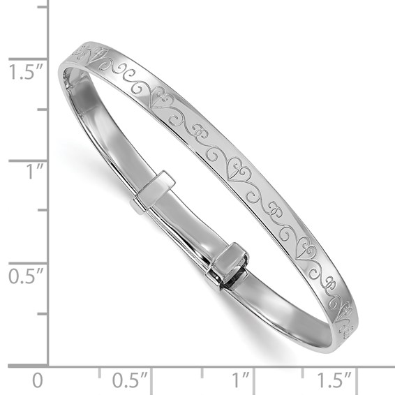 Sterling Silver Rhodium-plated Polished Etched Heart Pattern Childrens Expandable Bangle